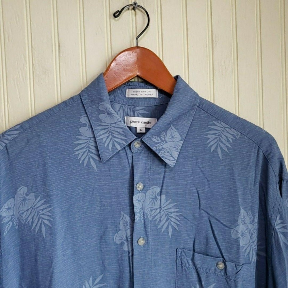 Pierre Cardin Shirt Mens Large Blue Floral Hawaiian Rayon Short Sleeve Button-Up